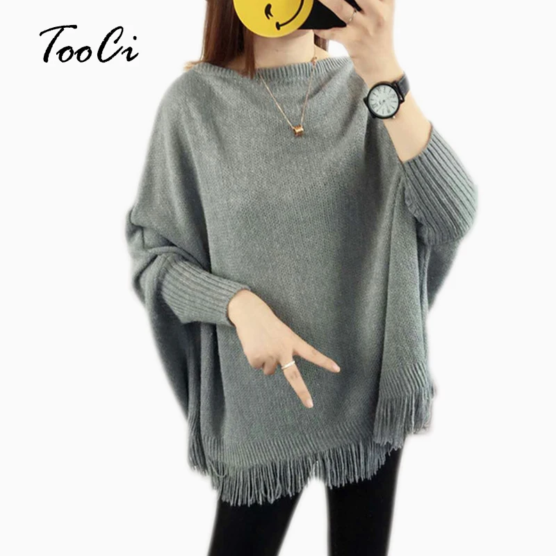 Kaufen Neue Herbst Grau Pullover Und Pullover Lose Quaste Weiche Schal Poncho Frauen Slash Neck Bat Langarm Pullover Pullover Schal