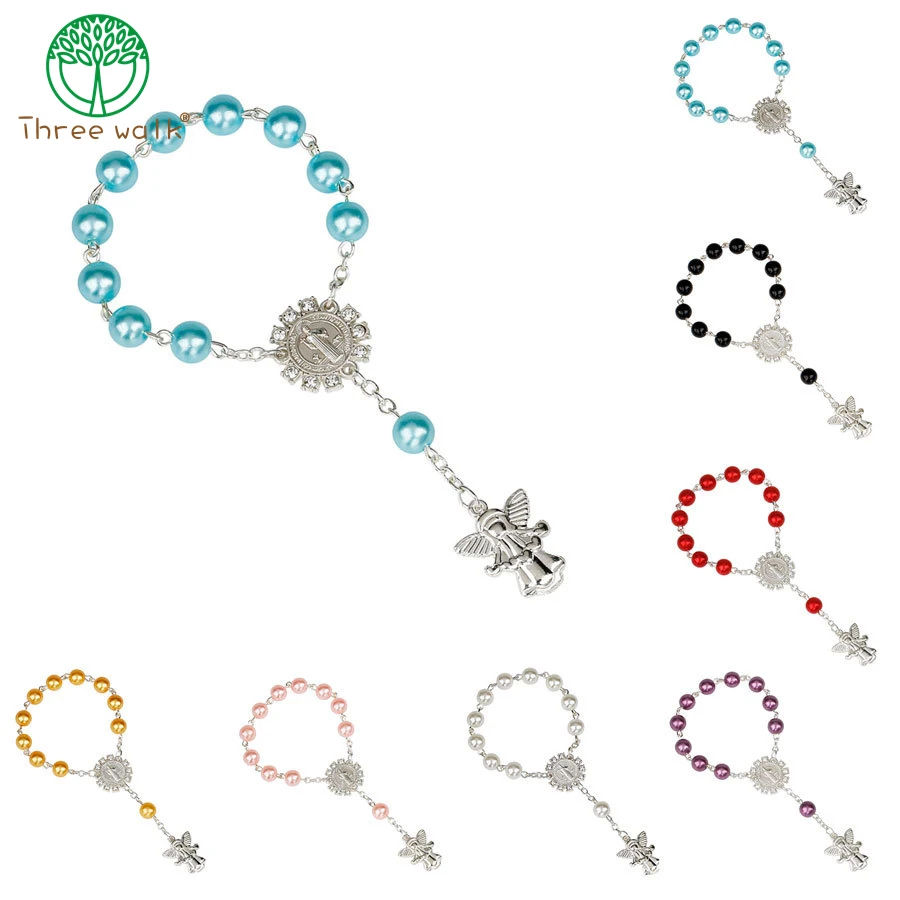 

10pcs Imitation Pearl Beads Catholic Rosary Catholic Holy Communion Angel Wings Crucifix Pendants Bracelet nice gift