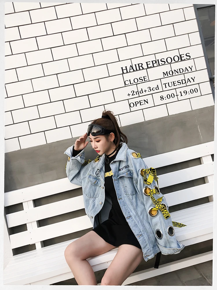 ZURICHOUSE Punk Denim Jacket Women Personality Hollow Out Metal Ring Bandage Oversized Ladies Jeans Jackets Coas