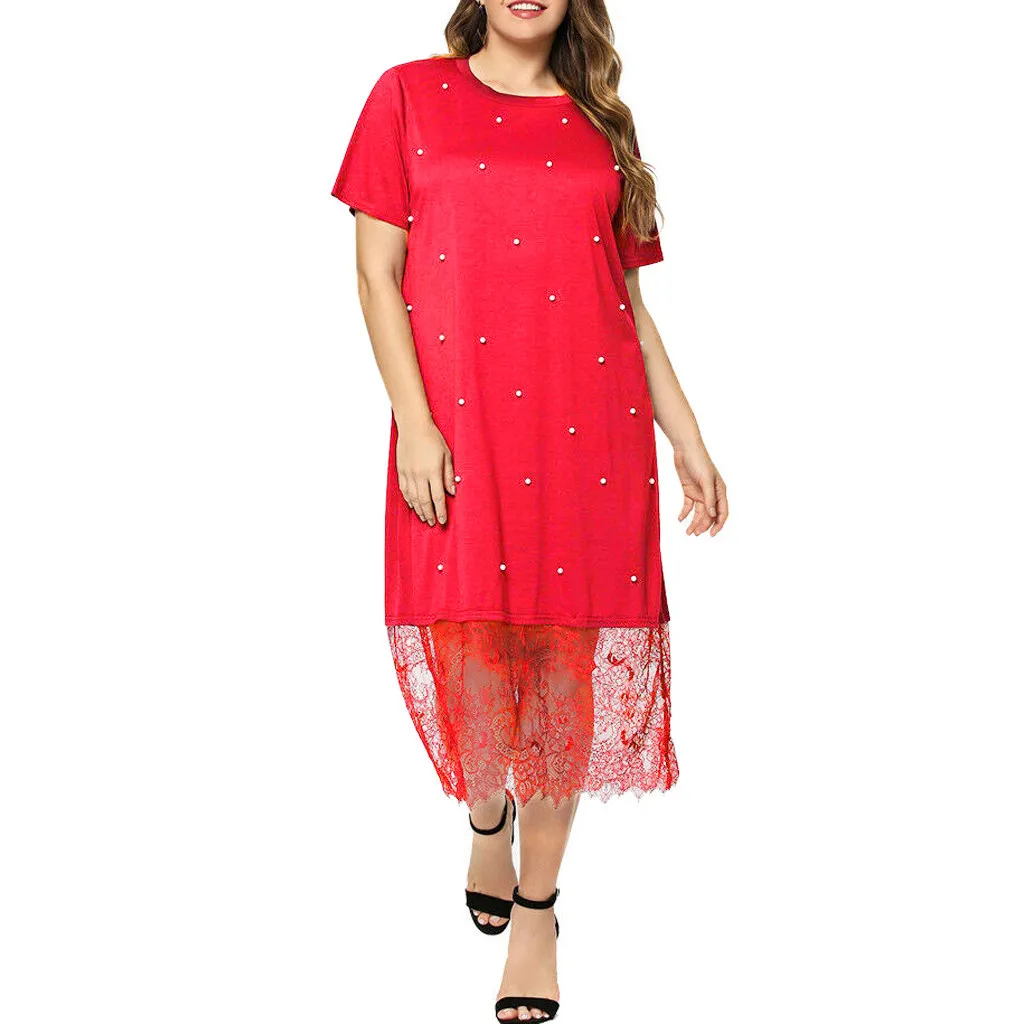 SAGACE Fashion Women Plus Size Casual O-Neck Short Sleeve Pots Printed Lace Dress Dot A-Line Summer Casual travel Dress July 17