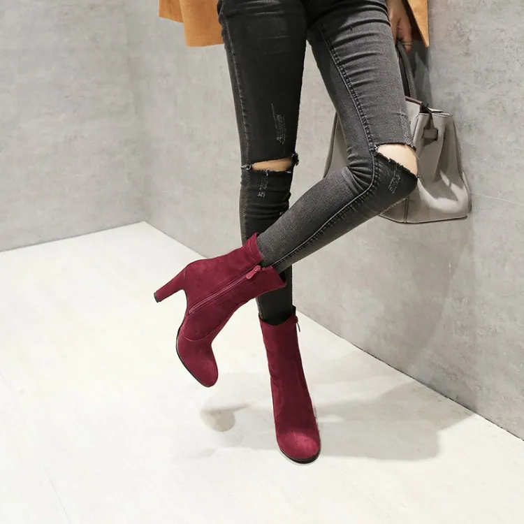 

Big Size 11 12 13 14 15 16 Ma'am Coarse heel Short boots Pure color Side zipper boot barrel Suede high-heeled boots