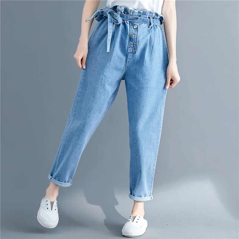 

Summer Jeans Woman Vintage High Waist Jeans Lace Up Boyfriend Jeans For Women Casual Loose Blue Denim Harem Pants Trousers
