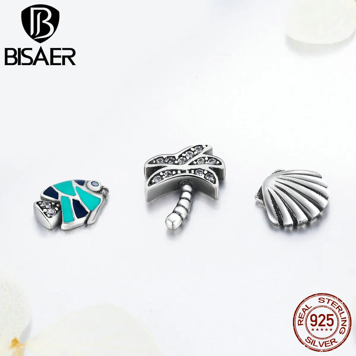 BISAER 925 пробы Серебряное пальмовое дерево Морская ракушка красочная рыба