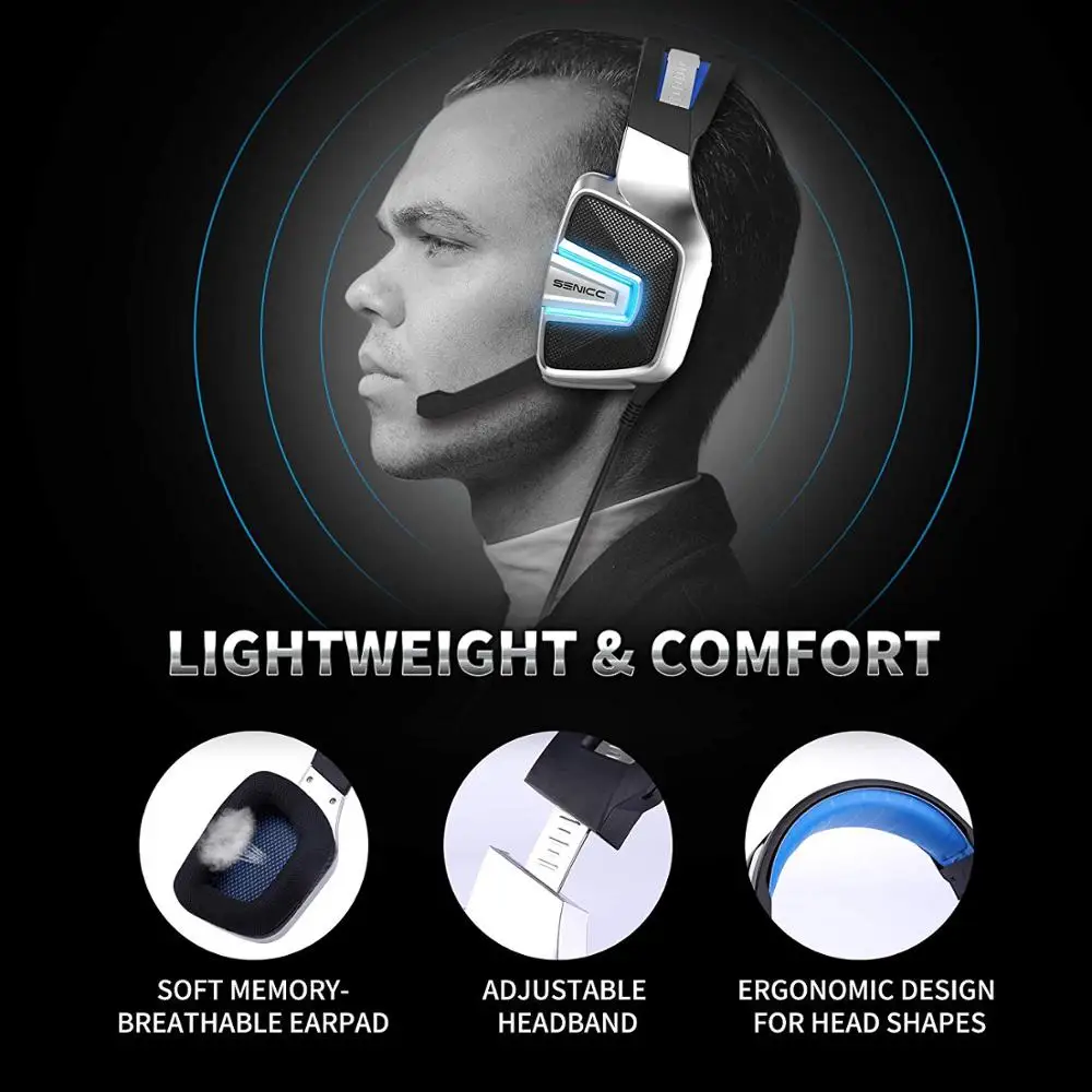  SENICC A8 USB Virtual 7.1 Sound Gaming Headset with Mesh Earmuff LED Noise Canceling Gamer Headphon