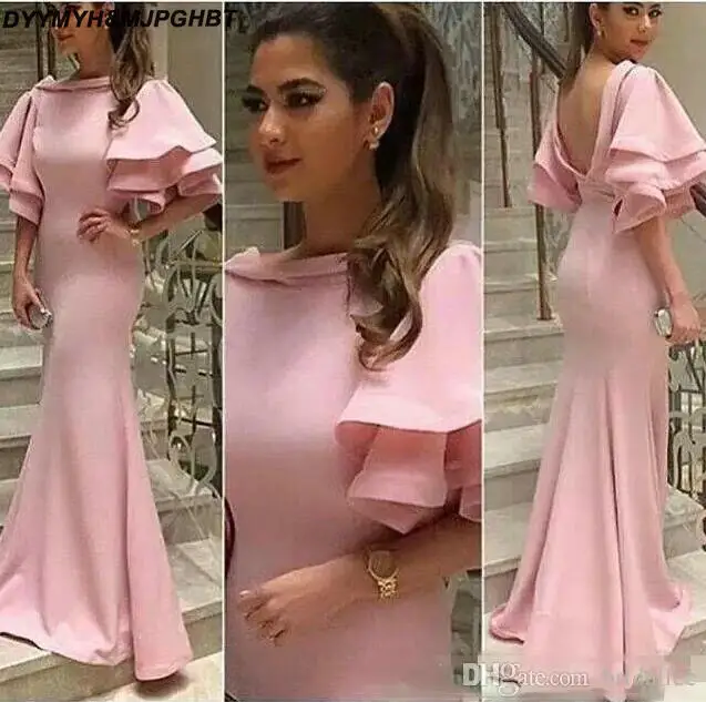 Elegant Evening Dresses Pink Mermaid O Neck Flare Short Sleeves Low V Back Ruffles robe de soiree longue_