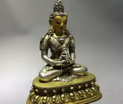 Тибет Серебряные Свинка Медные Амитаюс Статуя Будды