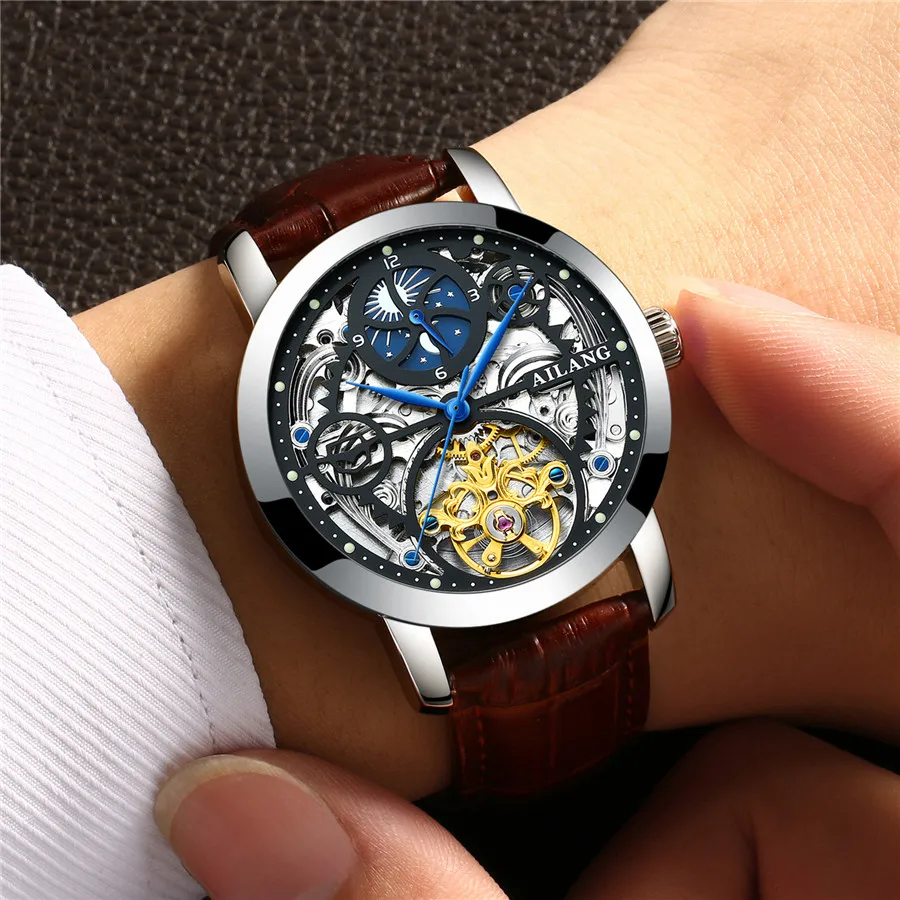 Ailang الجديد 2018 الرجال أوتوماتيكية بالكامل توربيون موضة الماركات الفاخرة جلد رجل noctilucent الساعات