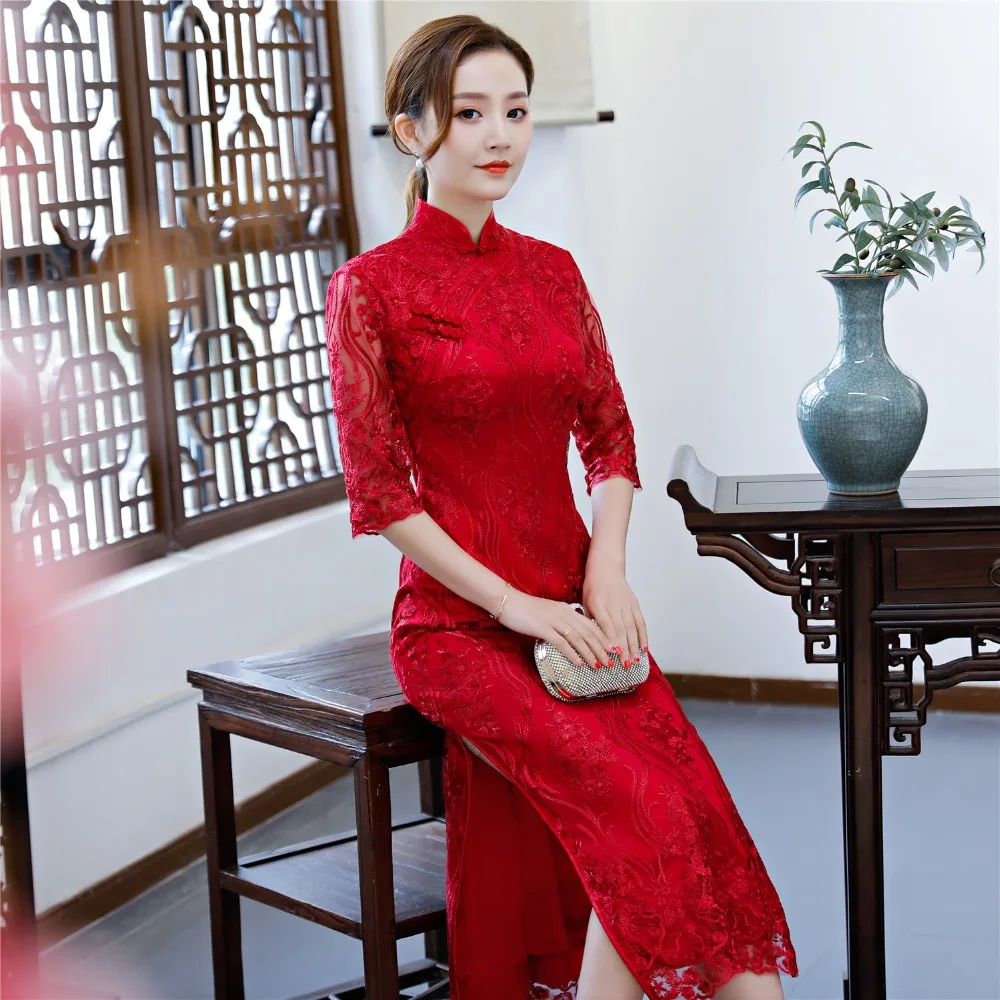 Шанхай история Половина рукава цветок вышивка Cheongsam платья Длинные Красные кружевные Qipao для Для женщин Традиционный китайский свадебное