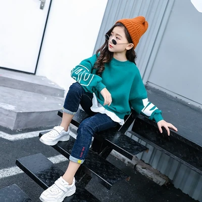 Зимние Детские свитера толстый свитер для девочек осенний пуловер с имитацией букв из двух предметов модная одежда для девочек 8, 10, 12, 14 лет - Цвет: Green