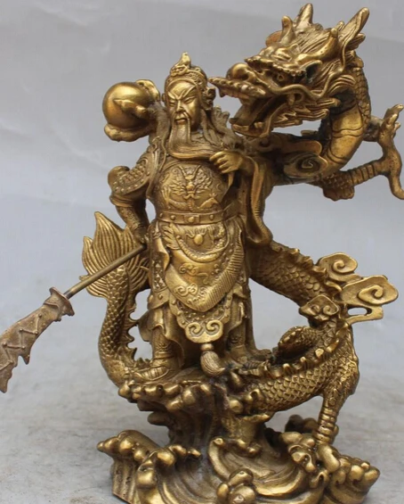 

10"Chinese Fengshui Bronze Guan Gong Yu Warrior God Sword Stand in Dragon Statue R0707