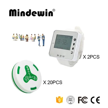 

Mindewin 2PCS LED Screen Watch Pager M-W-1 and 20PCS Table Call Button M-K-4 Waiter Call Button Restaurant Server Paging System