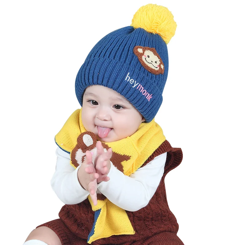 Monkey Cartoon Baby Beanie Scarf Set Warm Knitting Baby Boys Hat With