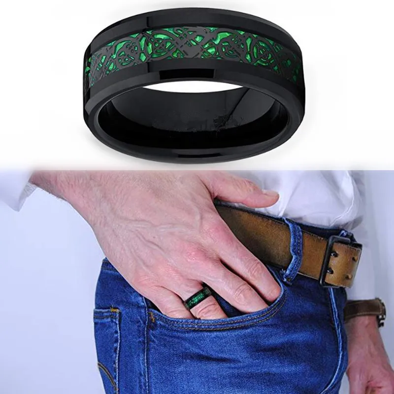 

Dragon Men's 8mm Red Green Carbon Fiber Black Tungsten Carbide stainless steel Ring Comfort Fit Wedding Band for Men