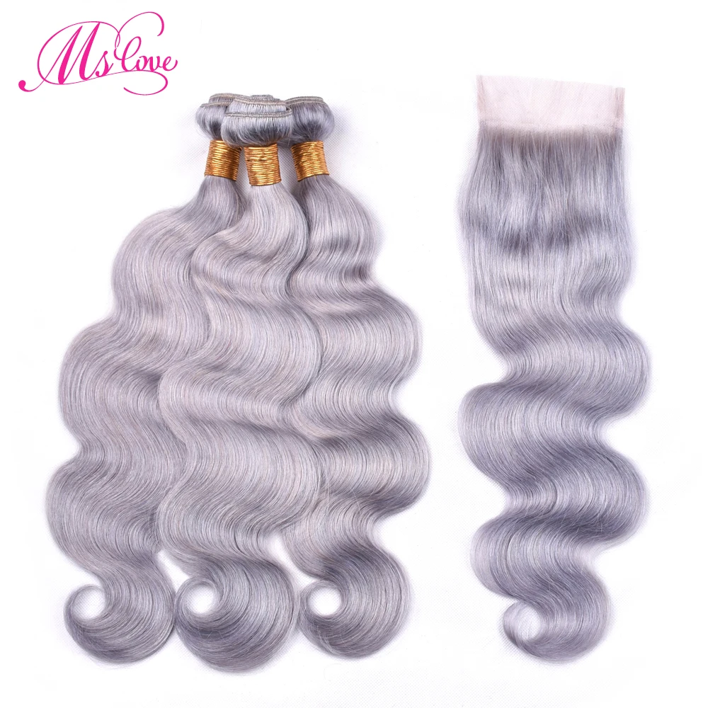 

Ms Love Grey Hair Bundles With Lace Closure Gray Body Wave Brazilian Hair With Closure Remy Human Hair Bundles With Lace Closure