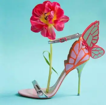 

2019 summer hot selling mixed colors leather sandal beautiful wings thin heels shoes for woman sexy open toe ankle strap sandal