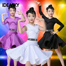 Новинка года; платье для латинских танцев для девочек; кружевное платье с длинными рукавами; Стандартные платья для бальных танцев для детей; одежда для выступлений; одежда для сальсы