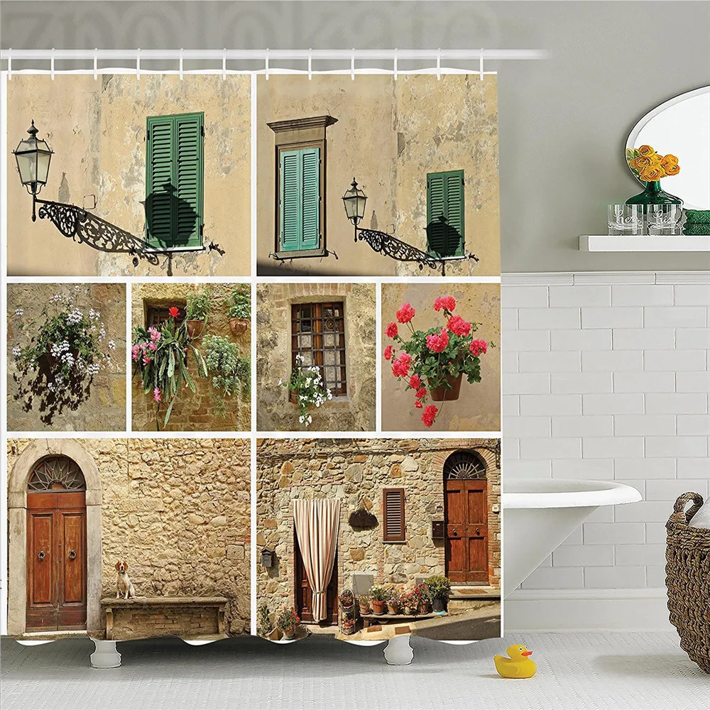 

Tuscan Decor Shower Curtain Set Various Pictures of Italian Lifestyle with Old Classic Shutter Window and Stone Houses Print Bat