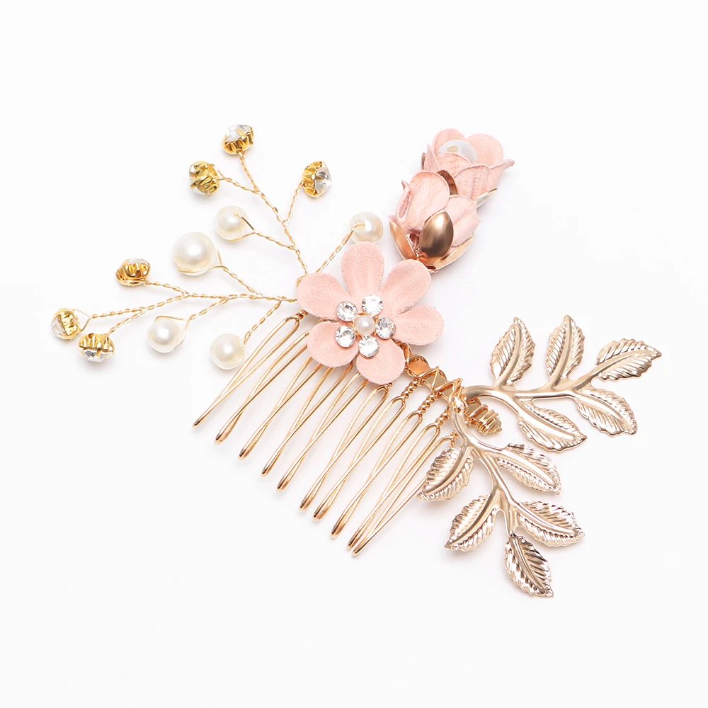 

Women Fashion Luxury Rose Flower Hair Combs Headdress Prom Bridal Wedding Hair Accessories Gold Leaves Hair Jewelry Hair Pins