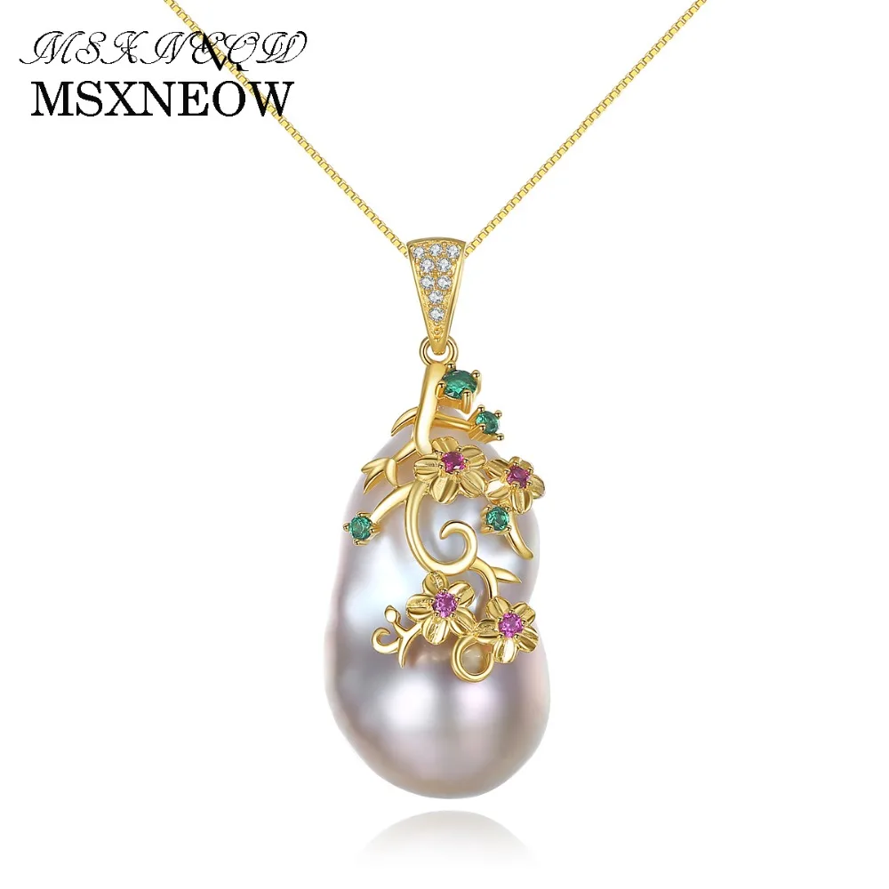 

MSXNEOW Special-shaped Baroque Big Natural Pearl Pendant Women Necklace Sterling Silver Chain Each Pearl Difference FN0025