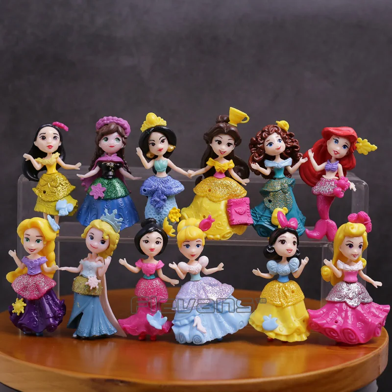 

Princess Snow White Belle Rapunzel Ariel Jasmine Elsa Anna Merida Mulan Aurora PVC Figures Girls Toys Gifts 12pcs/set