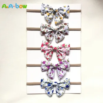 

5pcs/lots Elastic Hair Bands Cotton Nylon Baby Girls bow Head Accessory Headbands Print Flower Bowknot Hairband
