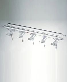 

M280005 Manifold, High vacuum solid glass stopcocks, Number of ports:5 Overall width:450mm front-left-right & rear-right