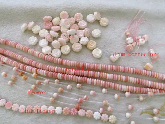 

Assorted Conch Shell jewelry Pink Round Carved Tulip Flower Rose Rondelle Beads Flower Beads