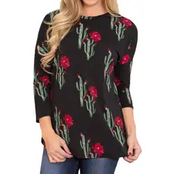 JAYCOSIN 2018 Модные женские топы Повседневная рубашка с круглым вырезом и длинными рукавами с цветочным принтом кактус топы с длинными рукавами