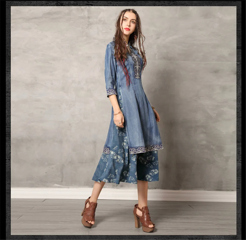 Vintage Cheongsam Summer Dress 2019 Denim Women Dresses Mandarin Collar 34 Sleeve Flower Embroidery Dress A82136 Vestidos (13)