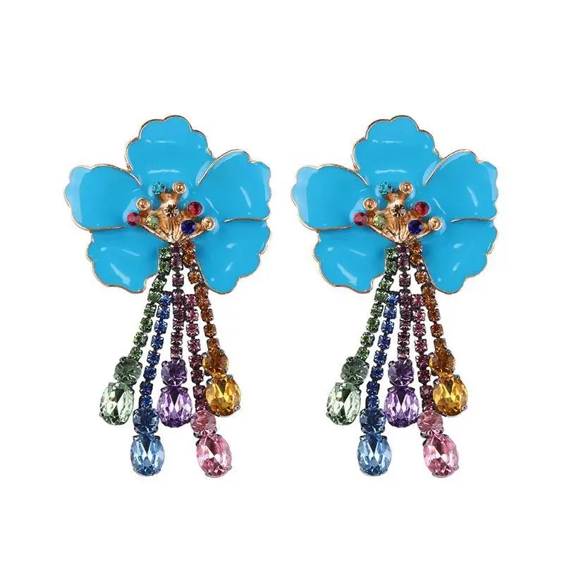 BTSETS, 7 цветов, длинные висячие серьги с цветами для женщин, богемные стразы, висячие серьги, ювелирные изделия, серьги с бахромой - Окраска металла: Blue Drop Earrings