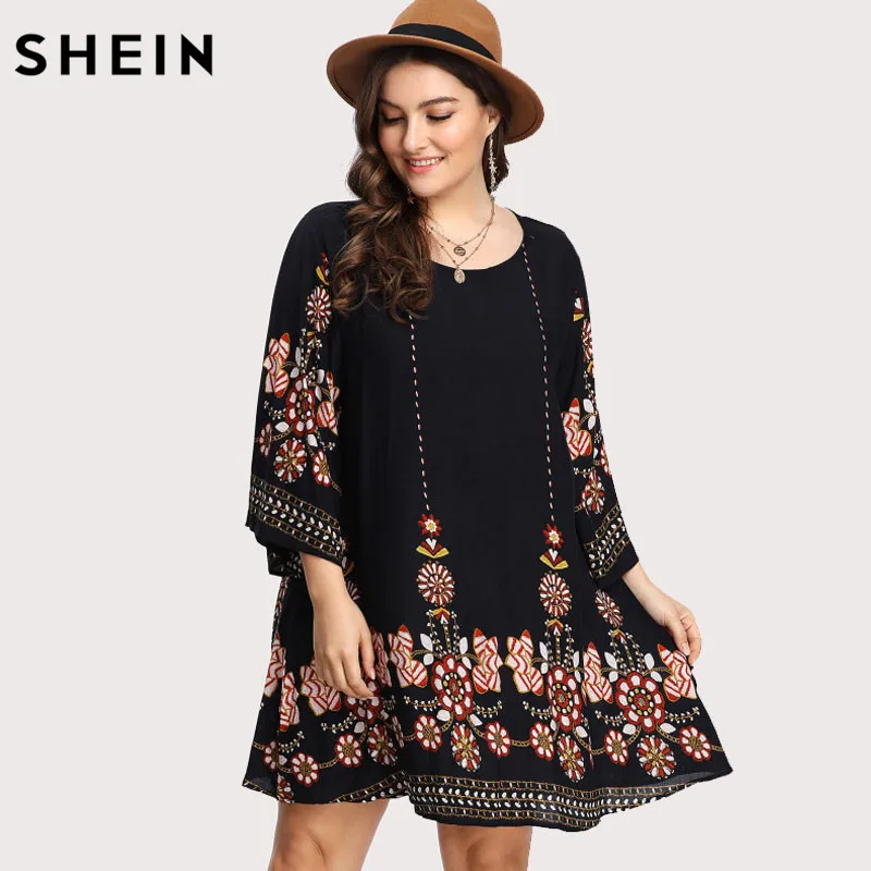 Online SHEIN negro de talla grande Floral bordado túnica vestido Primavera Verano elegante tallas grandes Tribal flor estampado vocacional vestido