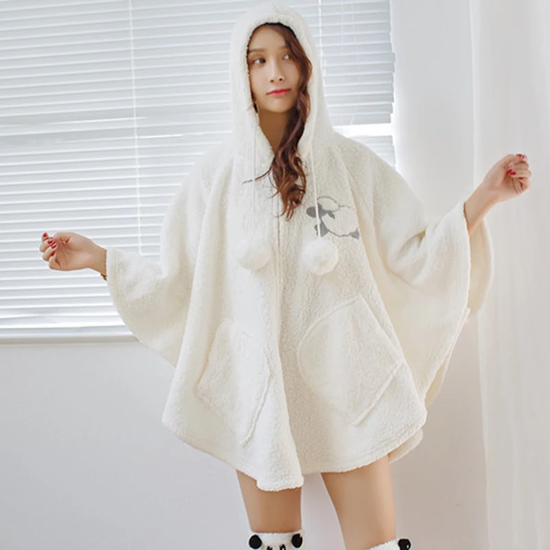 Женская ночная рубашка с длинным рукавом Kawaii Babydoll зимняя капюшоном одежда для