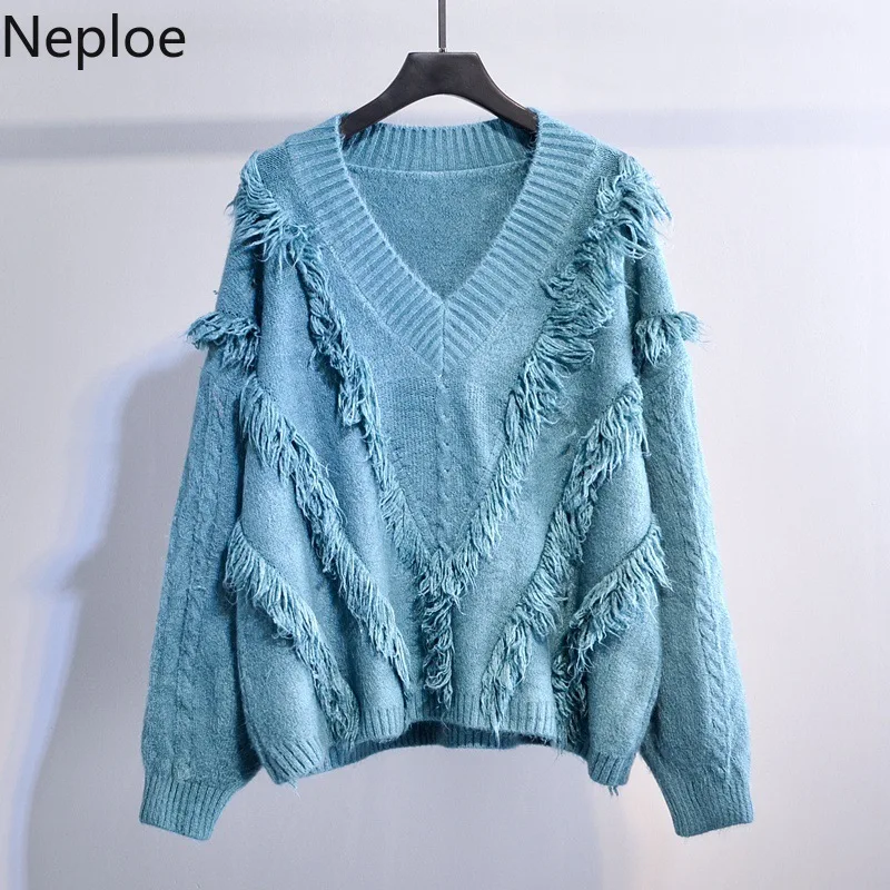 

Neploe 2019 V Neck Knitted Tassel Pullovers Loose Lazy Student Style Sweater 4 Colours Fashion Casual Tops Autumn Winter 45469