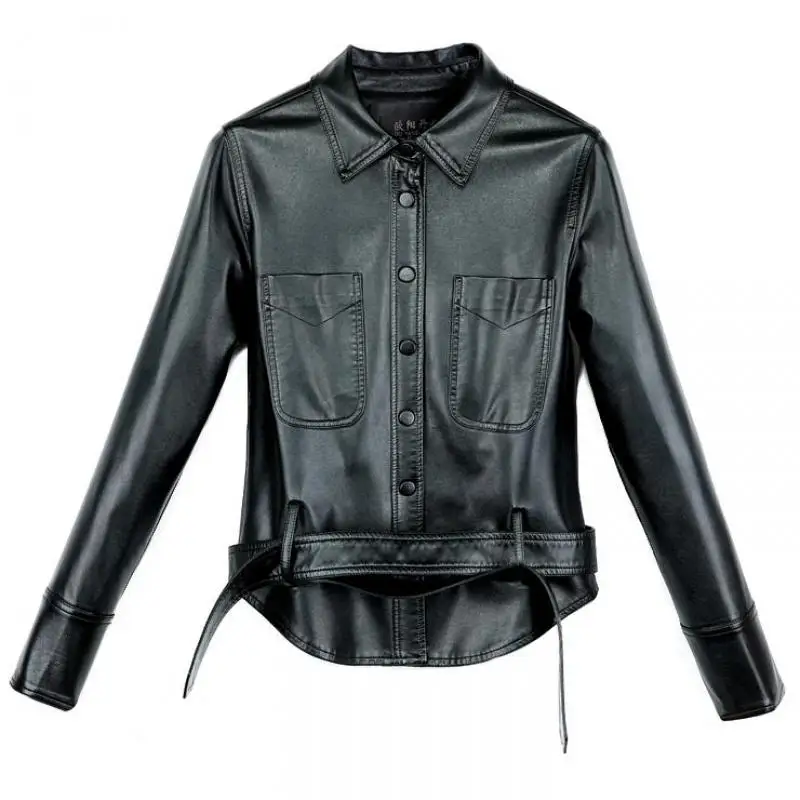 2019 New Women Short Genuine Leather Jacket Lady Spring Vintage Solid Turn-down Collar Single Breasted Slim Plus Size Coat