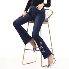 FERZIGE бренд Эластичные Обтягивающие джинсы с высокой талией для женщин вышивка цветок красивая одежда дамы расклешенные брюки синий плюс размер