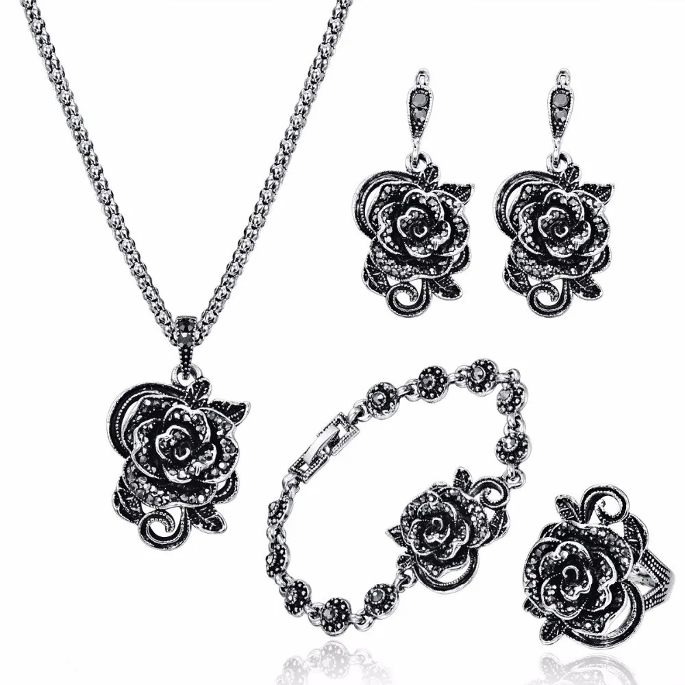 Женский ювелирный комплект из колье серёг браслета и кольца|rose flower jewelry sets|jewelry sets