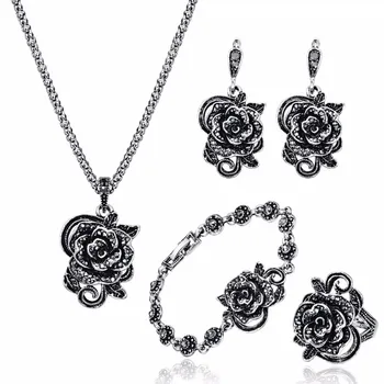 

Black Crystal Rose Flower Jewelry Sets For Women Antique Silver Color Vintage Pendant Necklace Earrings Bracelet Ring Set