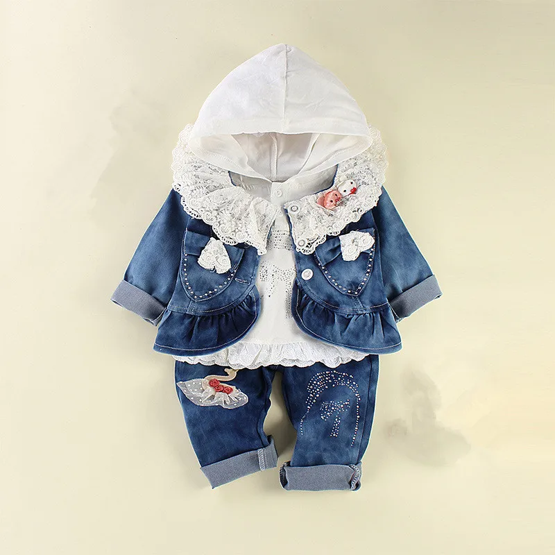 

Infant Baby Girls Clothing Sets 2018 New Autumn 3pcs/set Children's Clothing Set Baby Denim Jacket+T-shirt+Jeans Outfits Set