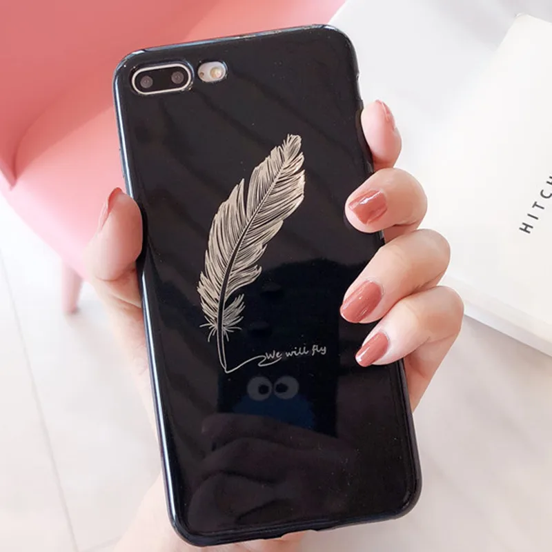 Luxury Glossy Pink Gold Feather Patterned Silicone Case For iPhone 6 6S 7 8 Plus X XS MAX XR Cartoon Soft TPU Couples Back Cover