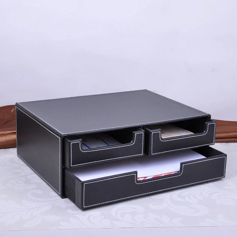 Double Layer 3 Drawer Leather Desk File Cabinet Filing Box