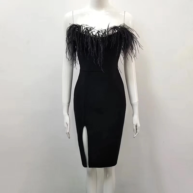 

Deavogy 2019 New Feather Bodycon Sexy Party Bandage Dress Wholesale