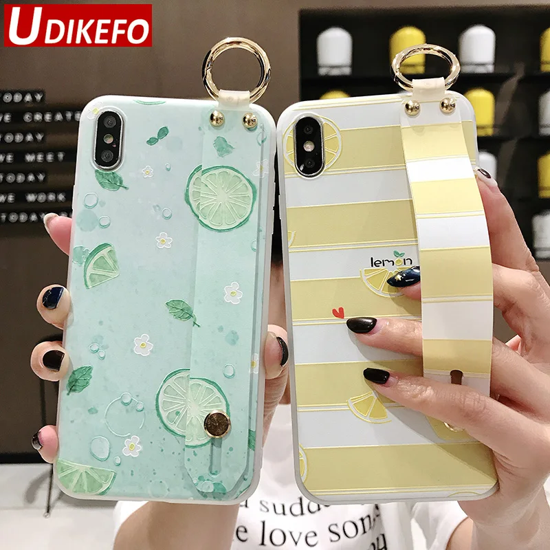

UDKEFO Fruit Lemon Pattern Wrist Strap Case For iphone 7 8 6 6s plus X Xs max XR Soft TPU Cover Stand Coque With Finger Ring