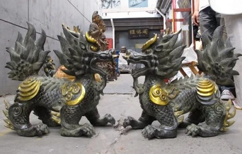

18 Classic Bronze Copper Gilt Palace Door Evil Feng Shui Foo Dog lion kylin Pair