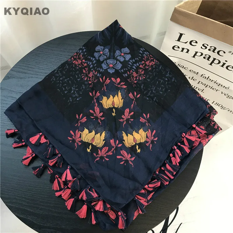 

KYQIAO vintage neck scarf mori girls autumn winter Japan style ethnic designer brand dark blue print head scarf muffler kerchief