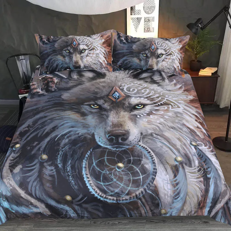 

3D Wolf Comforter Bedding Set Duvet Cover Indian Feather Dreamcatcher Printed Bed Set 3pcs Bedclothes Queen King Size Bed Sheets
