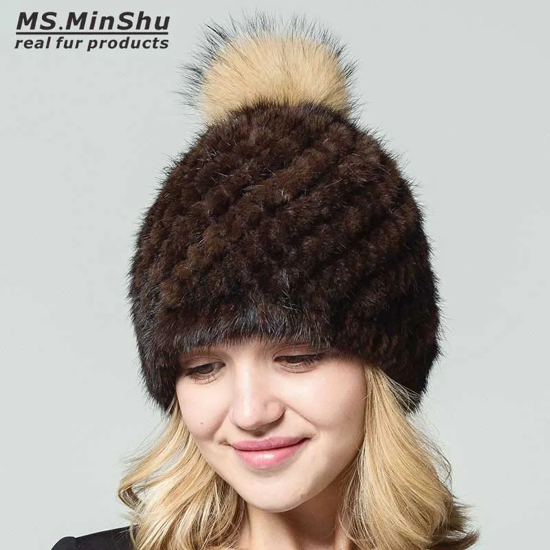 Ms. MinShu шапочки с мехом норки шапка с помпоны из лисьего меха для женщин женская шапка зимняя вязаная шапка из натурального меха норки женская шапка с помпоном