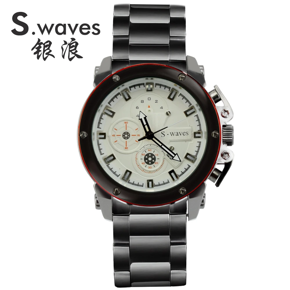 S WAVES Brand New Arrival Fashion Watch Mens Quartz Movement Full Stainless Steel Complete Calendar Analog