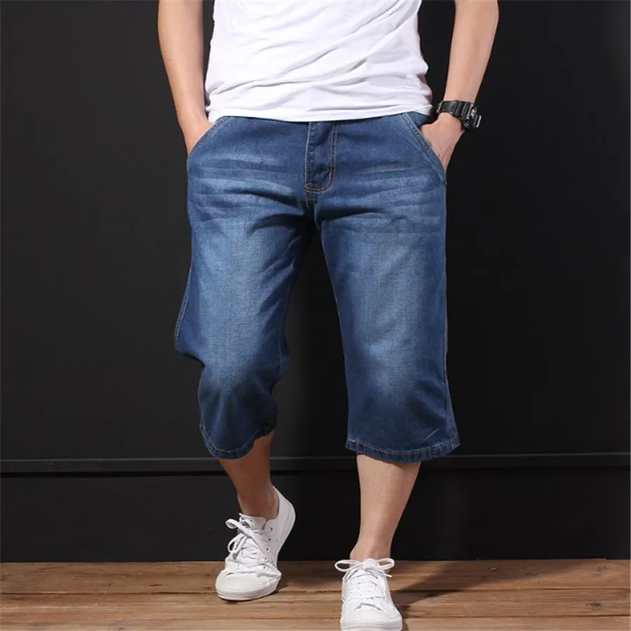 Новинка весна лето мужские Модные джинсы Короткие повседневные свободные прямые тонкие эластичные укороченные брюки размера плюс 31-48 Ds50359 - Цвет: Синий