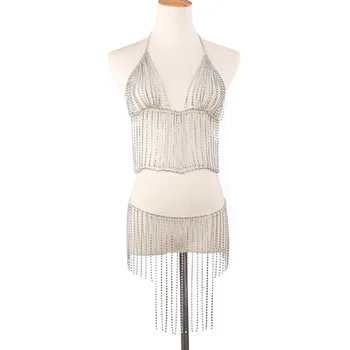 

Women Rhinestone Sparkly Golden Silver Halter Deep V Bra Crop Top Crystal Metal Alloy Mini Skirt Waist Chain Jewelry Body Chain