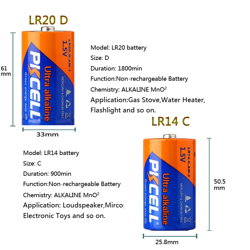 4 ячейки/2 карты PKCELL 1,5 В щелочная батарея 2 ячейки LR14 C размер+ 2 ячейки LR20 D размер неперезаряжаемая батарея